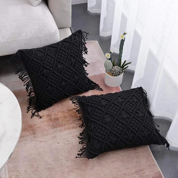 Macrame Cushion With Cover 16 x 16 inches Black - Leechoo
